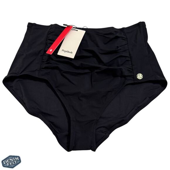 Popilush High-Waisted Ruched Shaping Swim Bottoms Black Size Medium VIRAL NEW - Picture 5 of 13